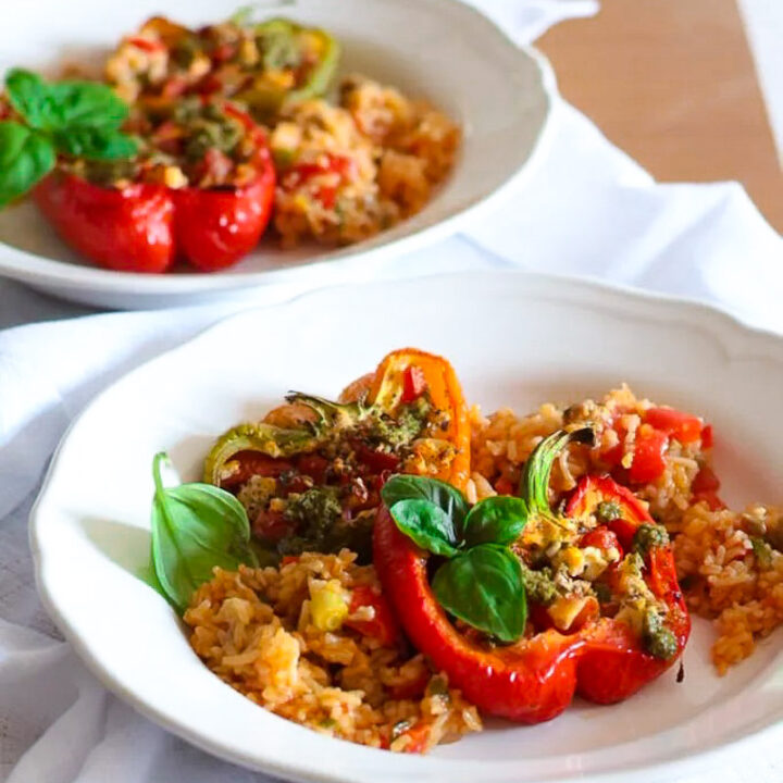 Italian Roasted Peppes stuffed with tomatoes and goat's cheese served with rice