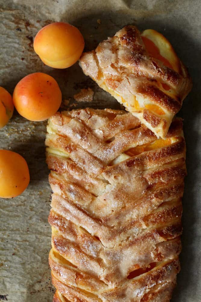 Apricot Puff Pastry Braid, sliced with fresh apricots.
