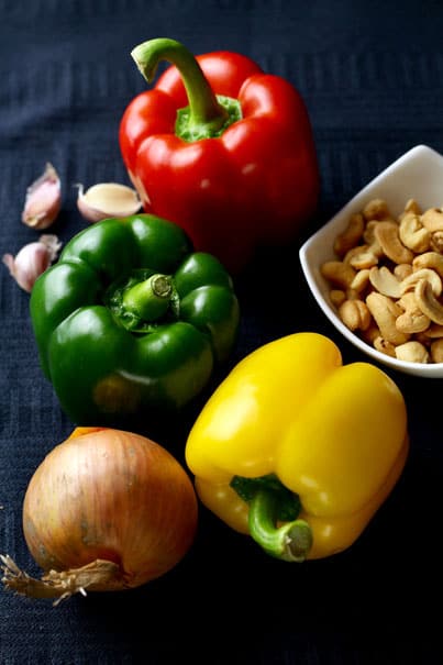 Ingredients for Cashew Chicken. Peppers, onions, garlic and cashews.