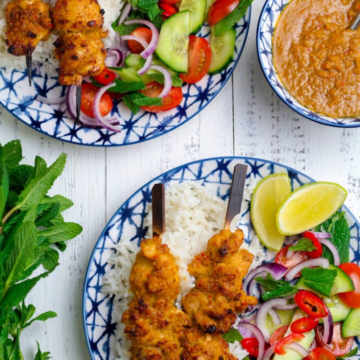Juicy, tender Grilled Chicken Satay Skewers coated in a spicy peanut sauce are perfect for summer. Serve with a fresh, spicy salad and basmati rice.