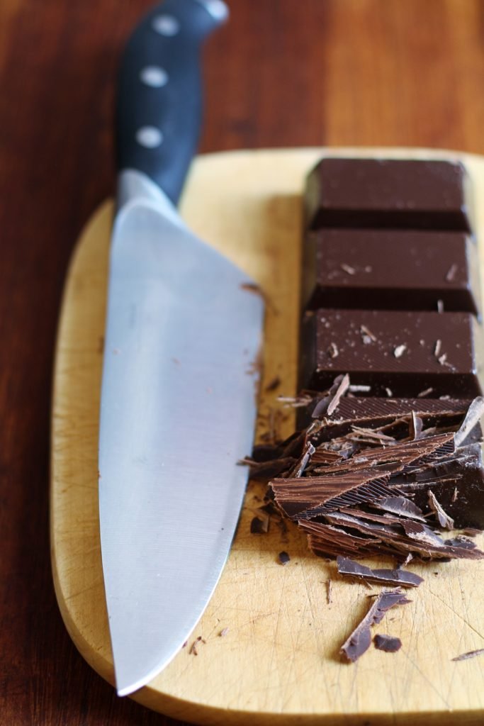 Cut Dark Chocolate with a chef's knife.
