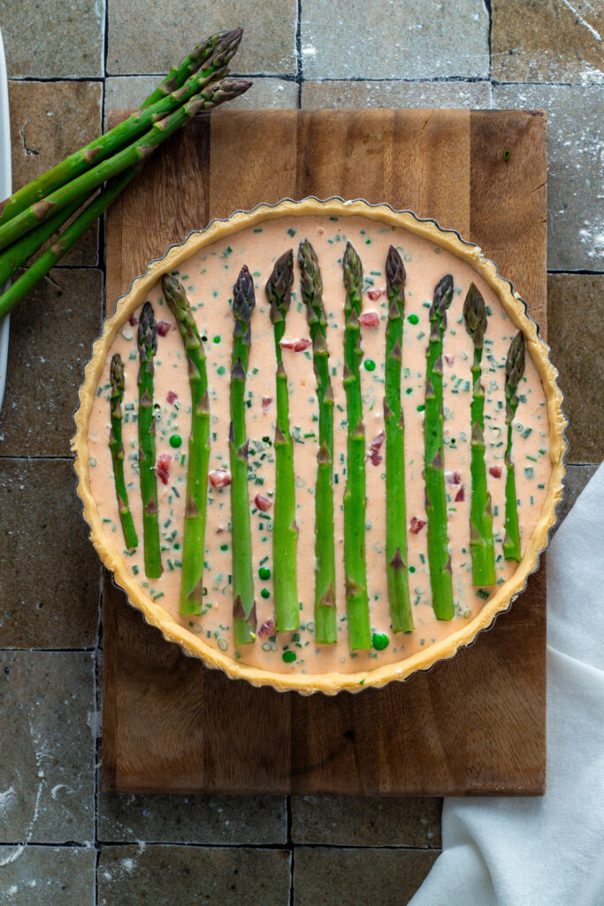Unbaked Asparagus and Bacon Quiche.