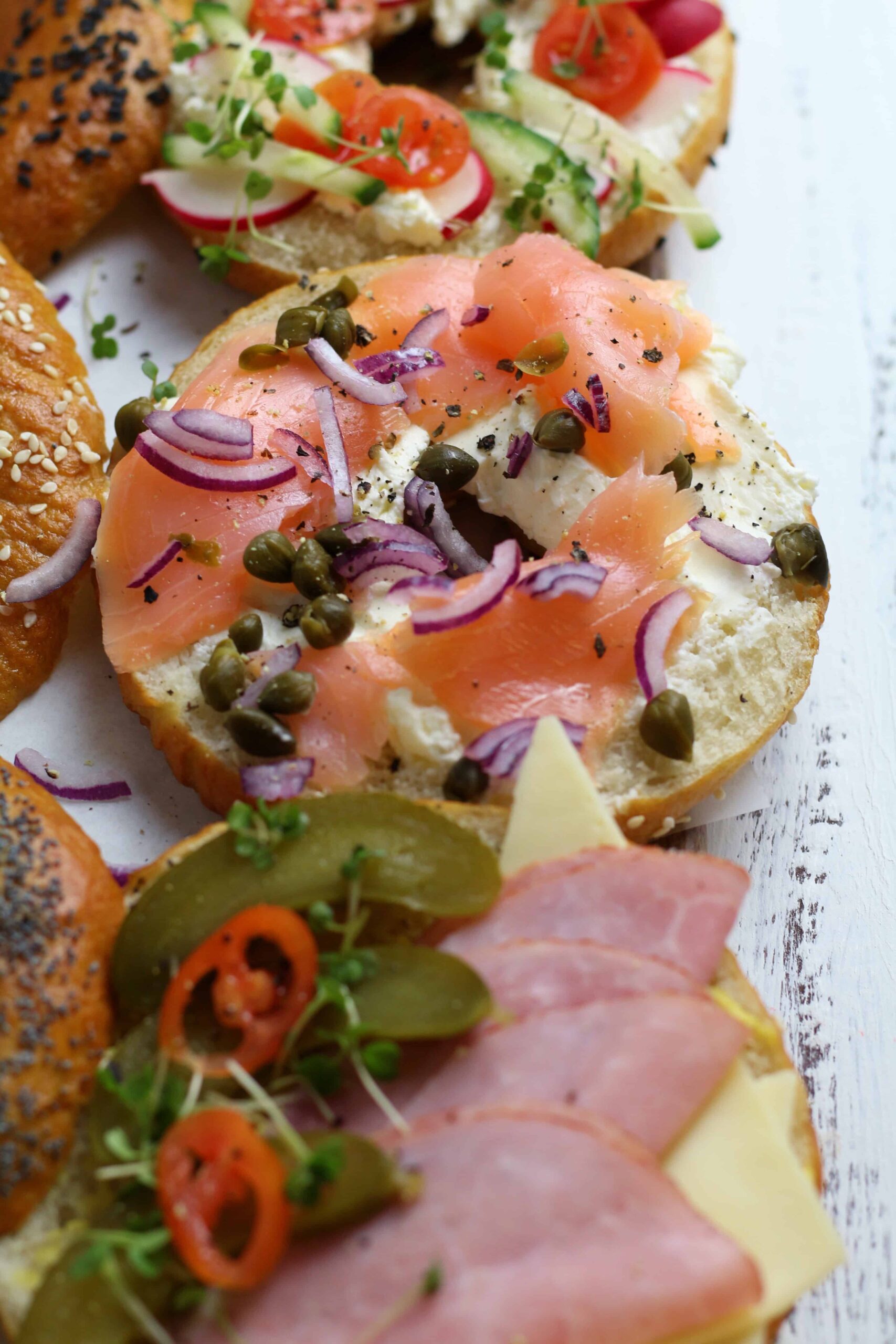 Homemade Sesame Bagels with toppings Homemade Sesame Bagels with toppings