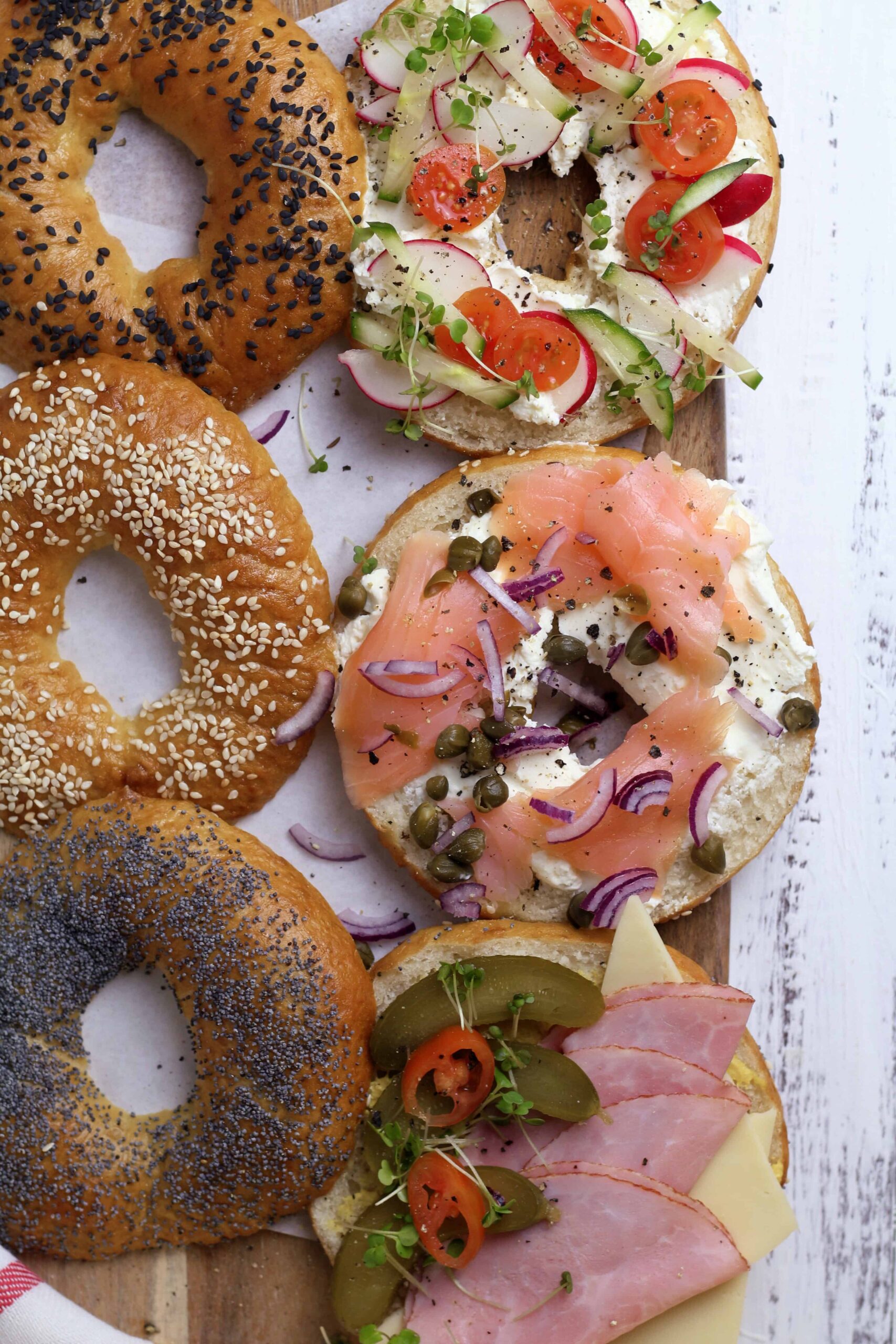 Homemade Sesame Bagels with toppings Homemade Sesame Bagels with toppings