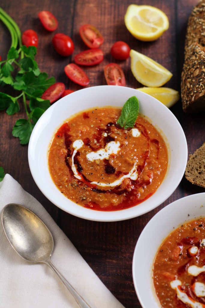 Two bowls of Turkish Red Lentil Soup