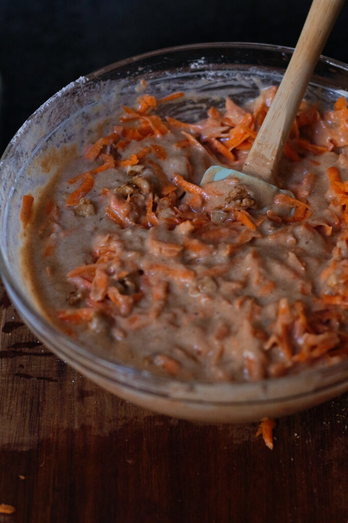 Carrot cake batter in a bowl.