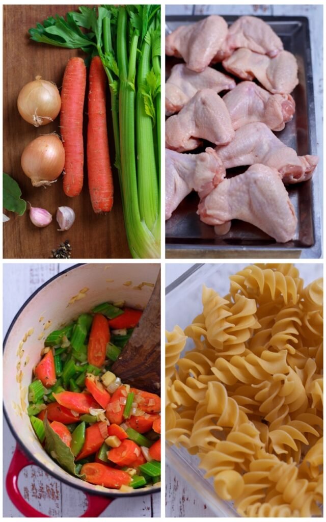 Chicken and Noodle Soup Ingredients, vegetables, chicken wings, vegetables being cooked and dried pasta.