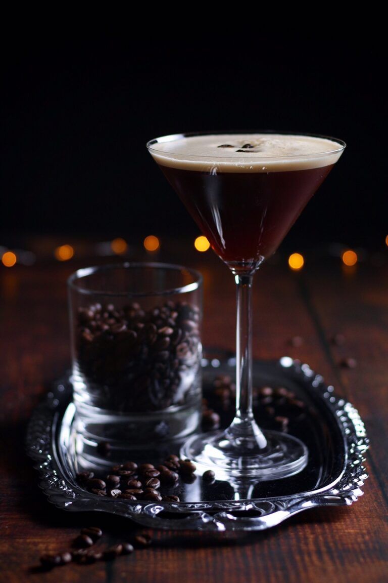 Coffee beans, homemade coffee liqueur drink, and the text "How to Make Coffee Liqueur.