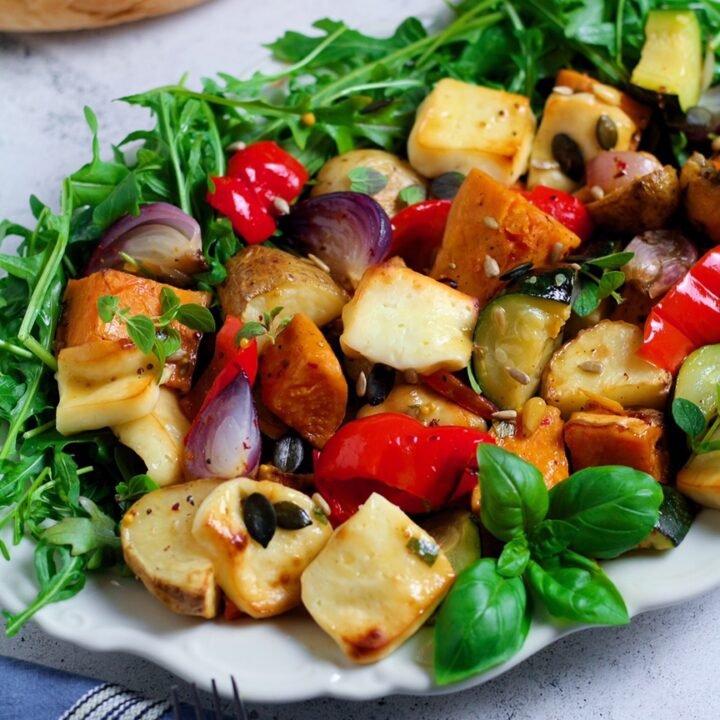 Summer Roast Vegetable Salad - mixed roast vegetables with halloumi cheese and arugula