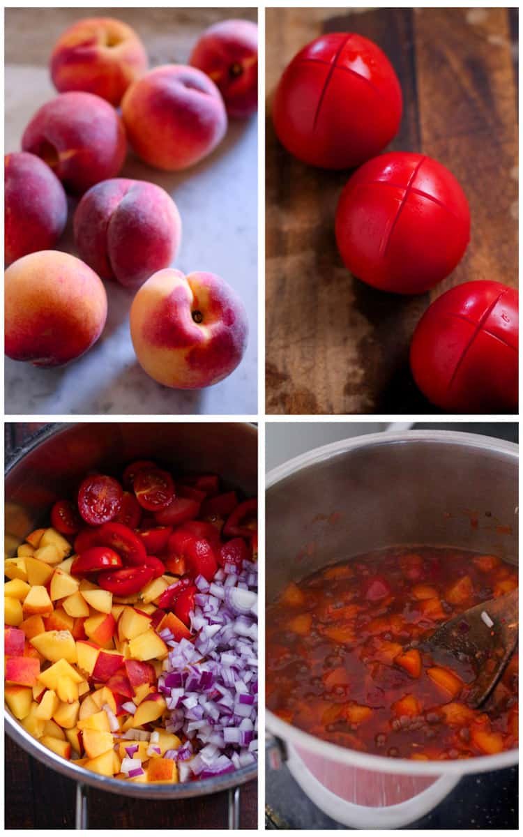 Peaches, tomatoes with crosses cut in the base, peach and tomato chutney ingredients in a pan.