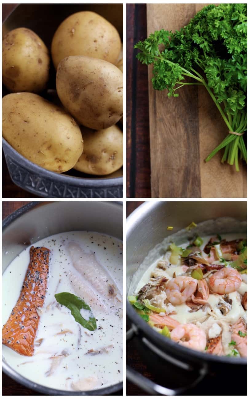 Ingredients for Creamy Smoked Fish Pie. Potatoes, Parsley, Fish and seafood.