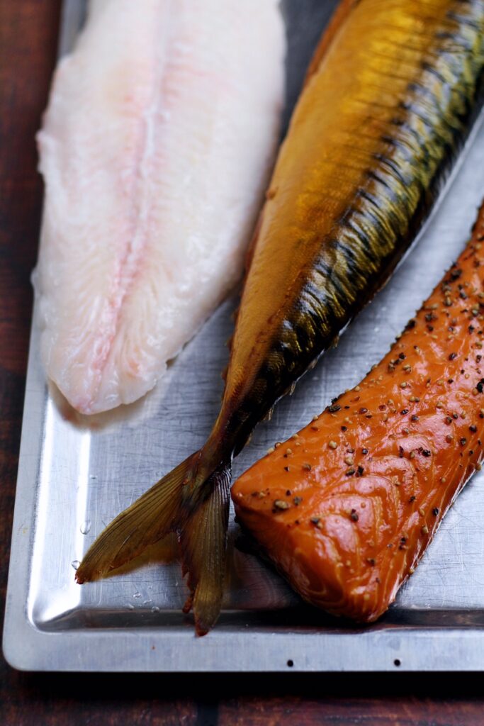 White fish, smoked mackerel and smoked salmon.