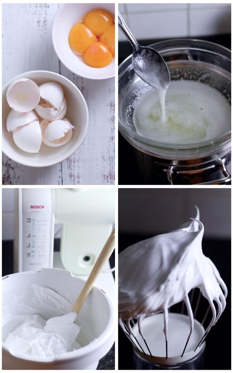 Photo progression showing the stages of Italian Meringue creation.