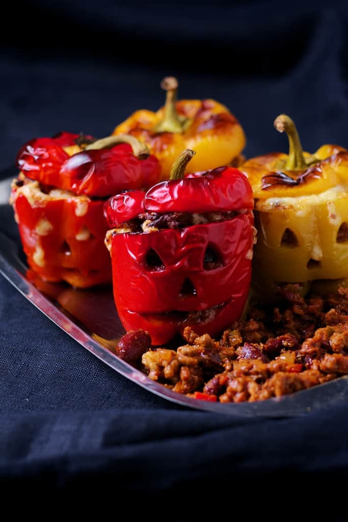 Jack o lantern carved peppers filled with beef chili.