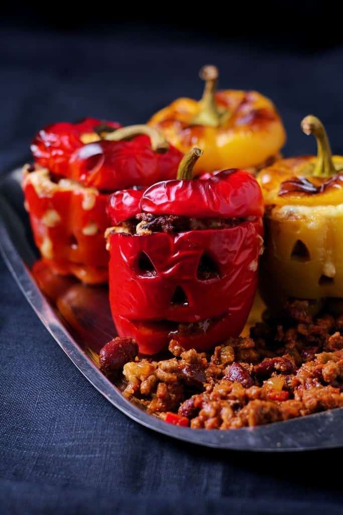Jack o lantern carved peppers filled with beef chili.