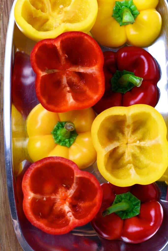 Red, green and yellow peppers.