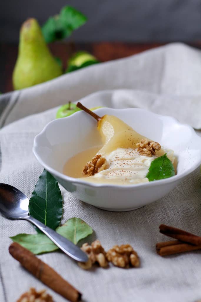 White Wine Poached Pears filled with creamy mascarpone.