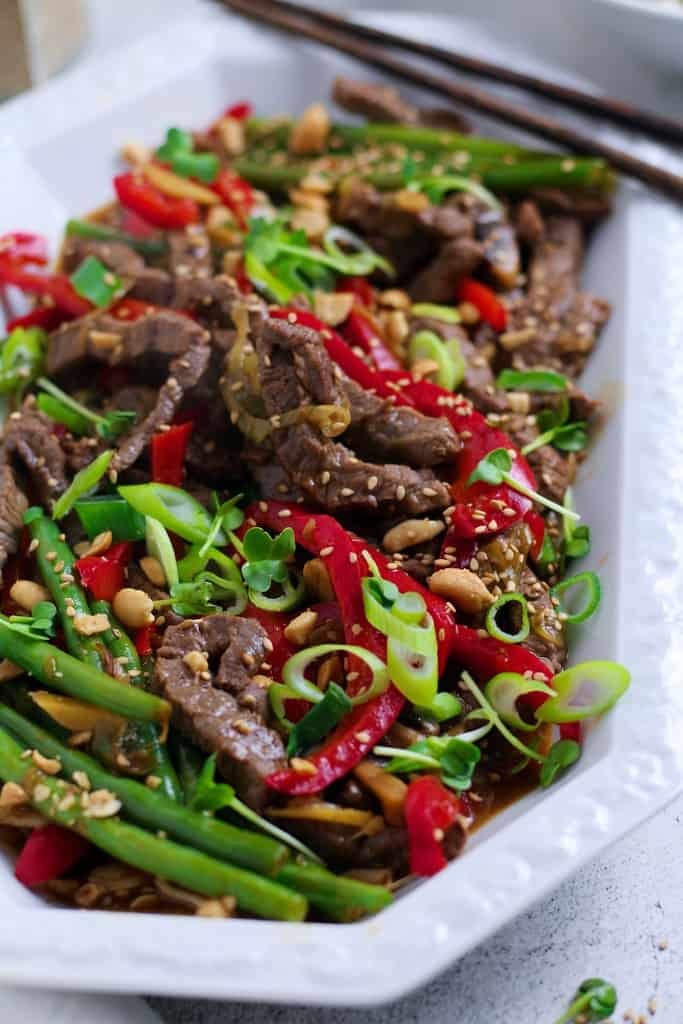 Ginger Beef Stir Fry with plety of fresh vegetables.