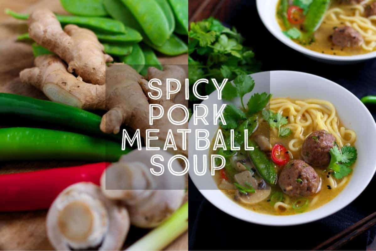 Spicy, fragrant and bursting with flavour, Asian inspired Pork Meatball Soup with noodles will chase away the winter blues. Ready in under 30 minutes, it is ideal for a weeknight dinner.