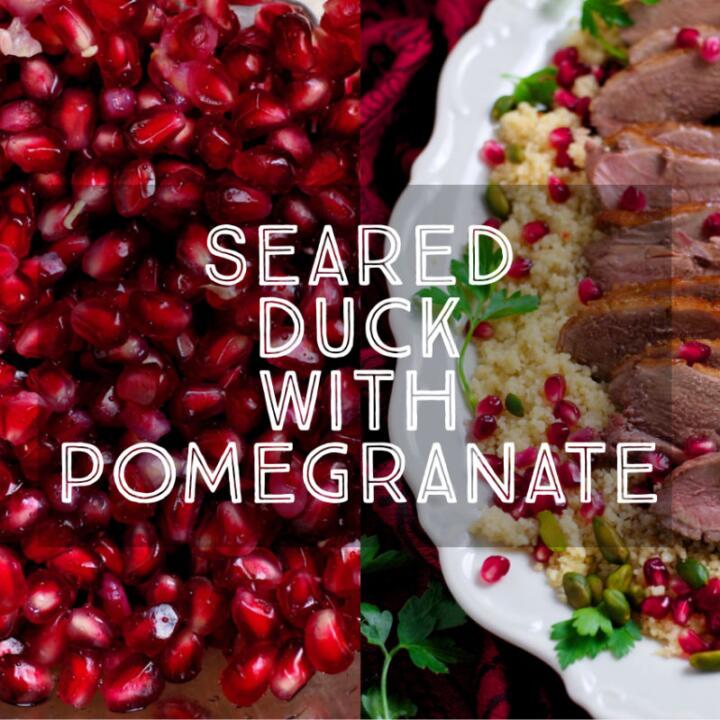 Juicy duck breast served with a sweet and sour pomegranate sauce. Seared Duck with Pomegranate is a delicious meal for two or perfect for a dinner party. Serve with jewelled couscous for a showstopper dinner.