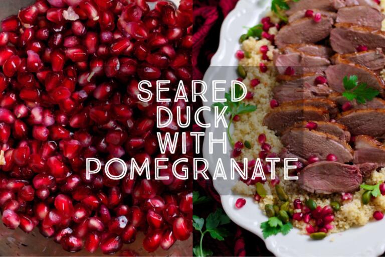 Juicy duck breast served with a sweet and sour pomegranate sauce. Seared Duck with Pomegranate is a delicious meal for two or perfect for a dinner party. Serve with jewelled couscous for a showstopper dinner.