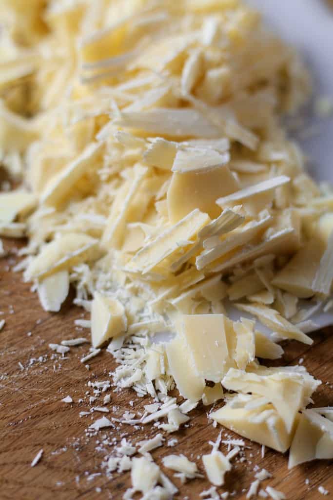 Closeup of finely chopped white chocolate.