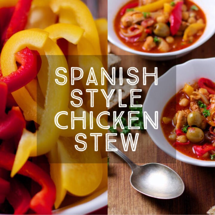 Spanish Style Chicken Stew is a wonderfully warming Spanish or North African inspired dish, loaded with chicken, spicy sausage, nutty chickpeas and sweet peppers.