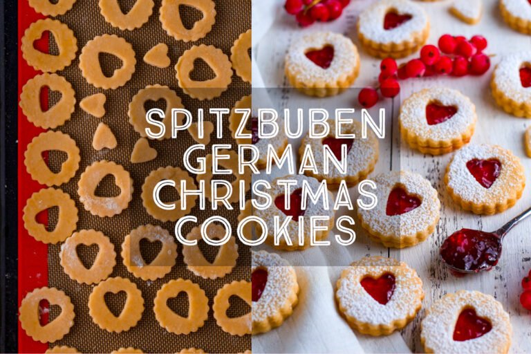 Title card for Spitzbuben, showing cut out unbaked spitzbuben cookies on a tray and completed spitzbuben.