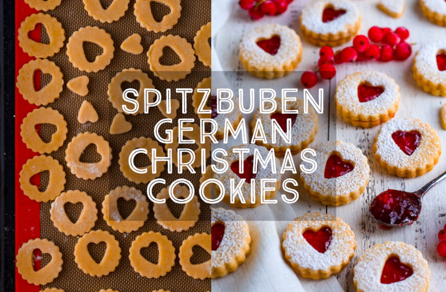 Title card for Spitzbuben, showing cut out unbaked spitzbuben cookies on a tray and completed spitzbuben.