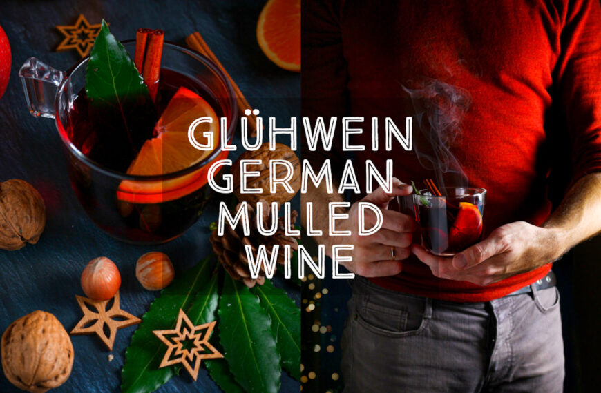 German Mulled wine recipe title card showing a mug of Glühwein and a man holding a mug of mulled wine.