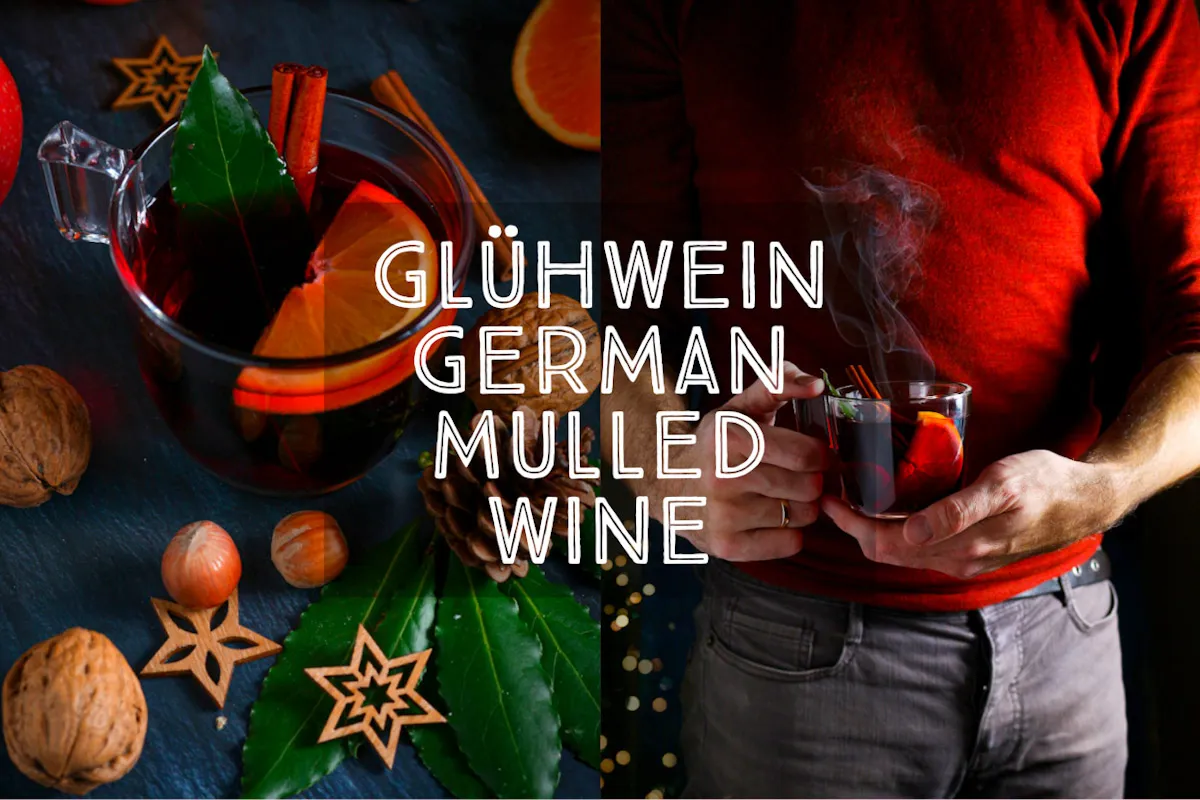 German Mulled wine recipe title card showing a mug of Glühwein and a man holding a mug of mulled wine.
