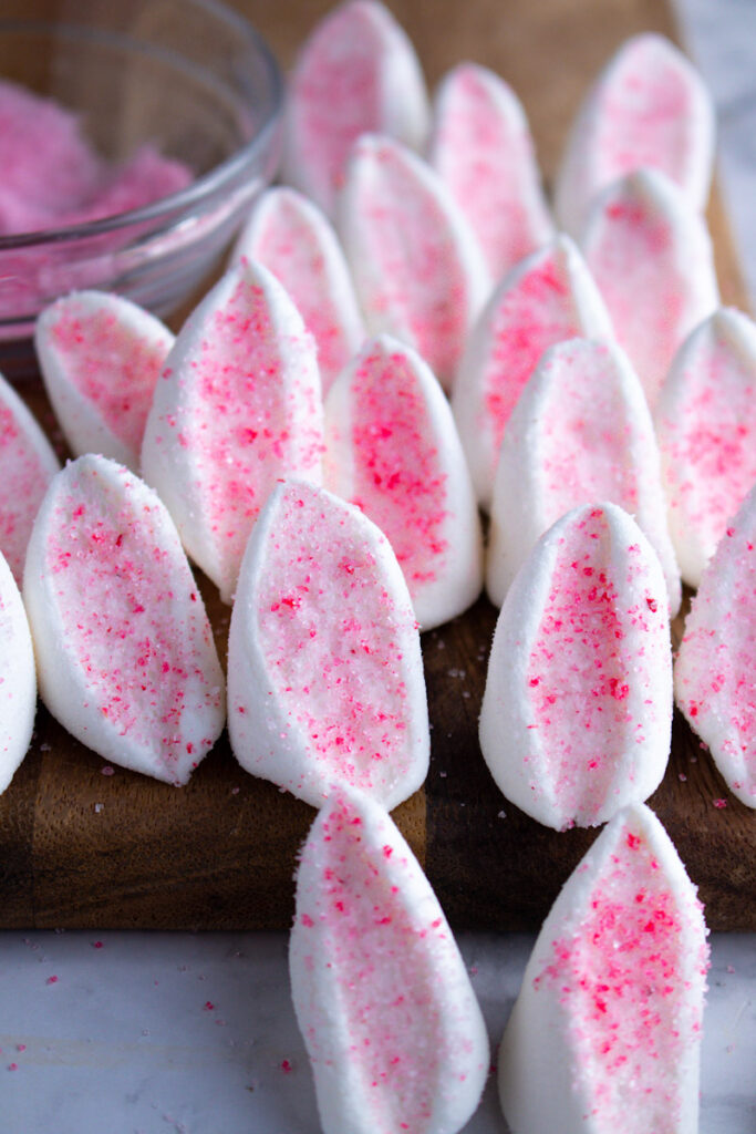 Marshmallow Ears for Easter Bunny Cupcakes with coloured sugar.