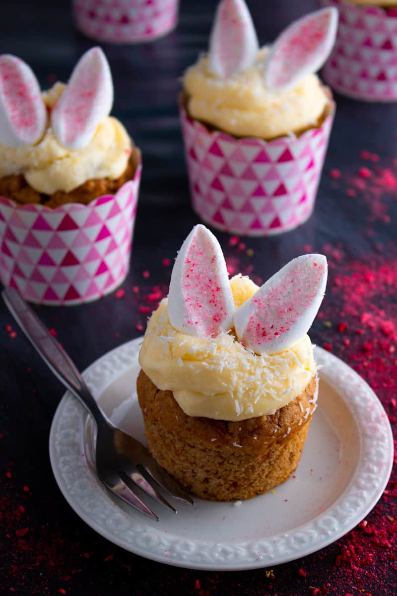 Easter Bunny Cupcakes with marshmallow bunny ears.