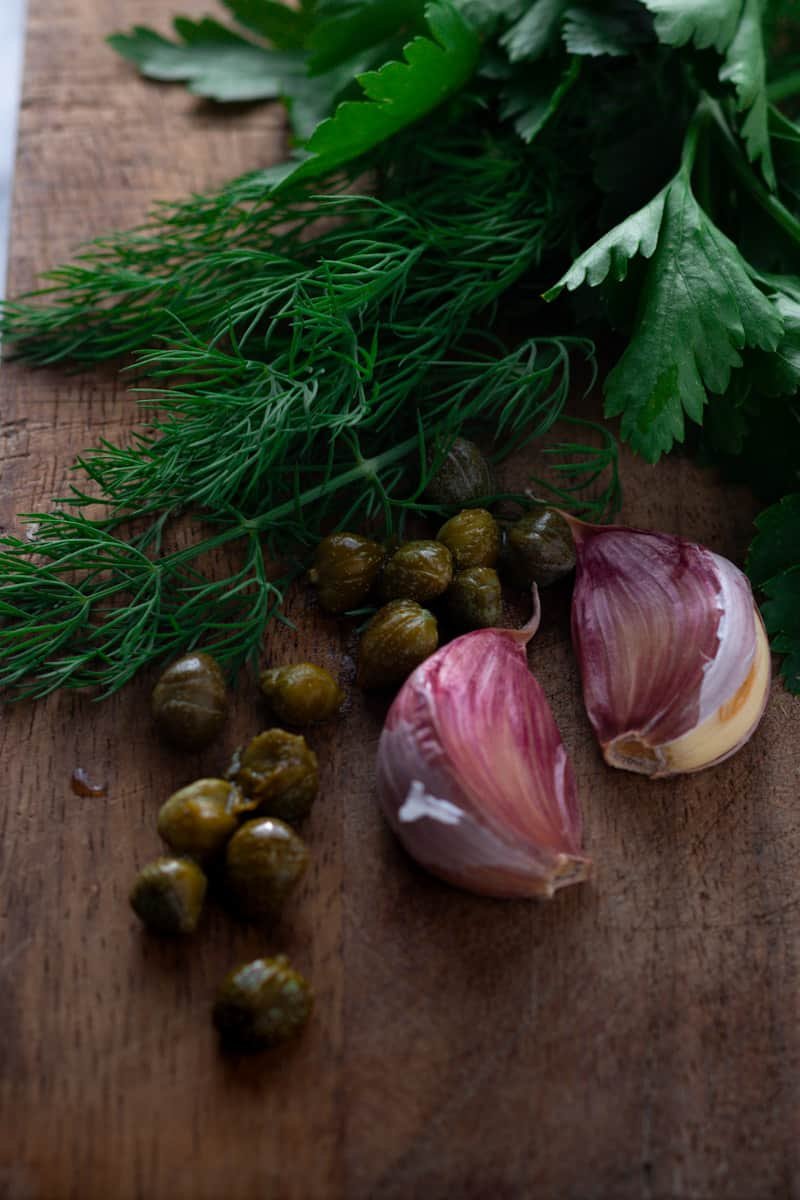 Herbs and garlic for Garlic Herb Roast Salmon