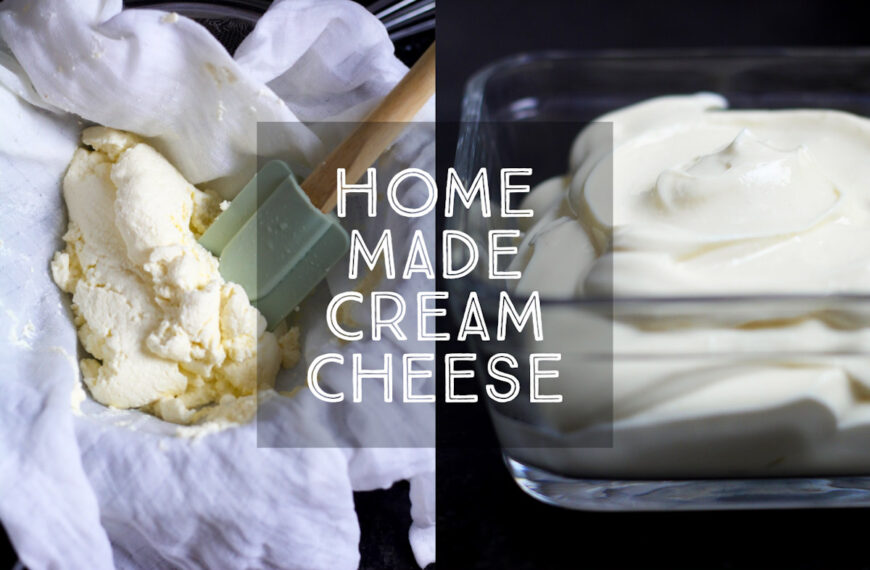 Homemade Cream Cheese Recipe cover, bowl of cream cheese and cream cheese draining with silicone spatula