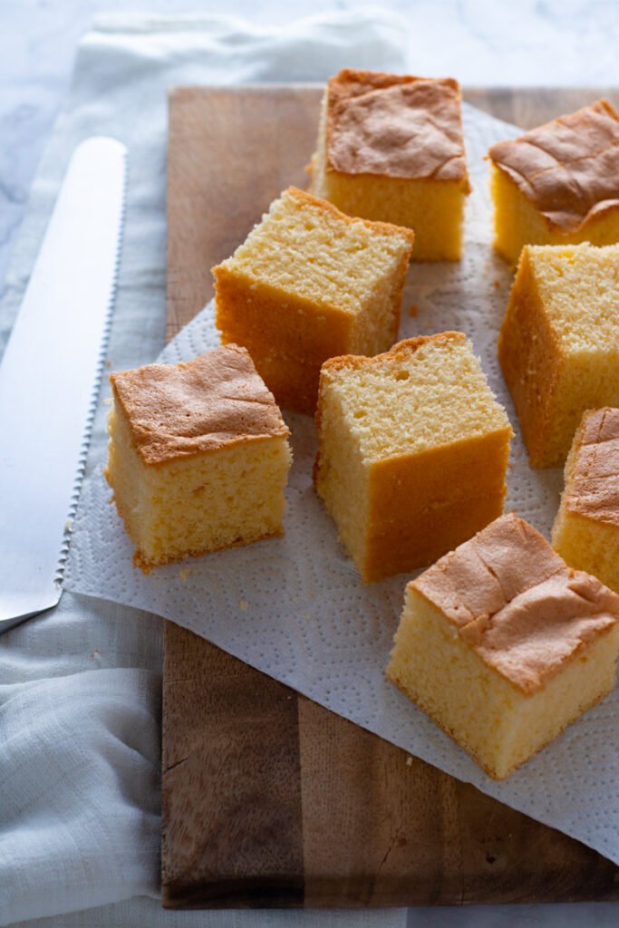 Sponge cake cut into cubes for lamingtons