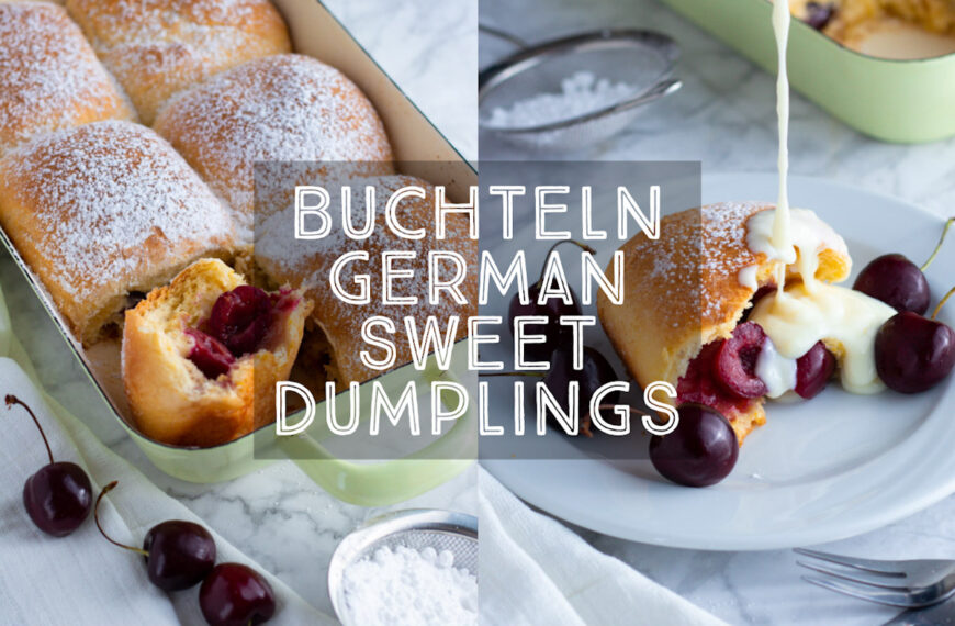 Buchteln German Sweet Dumplings filled with fresh cherries and served with vanilla sauce