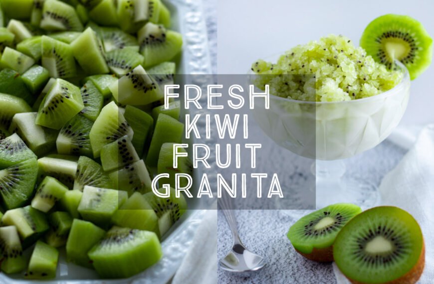 Kiwi or Kiwifruit Granita in a glass dish with fresh kiwifruit