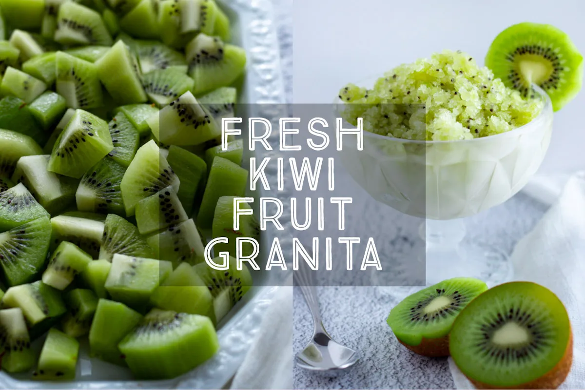 Kiwi or Kiwifruit Granita in a glass dish with fresh kiwifruit