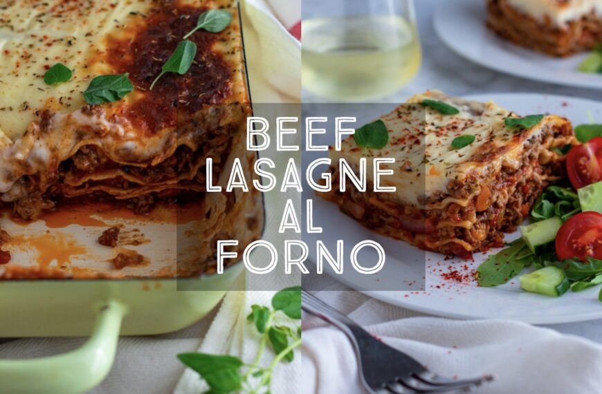 A picture of a classic Italian Lasagne al forno served with fresh green salad and a glass of white wine
