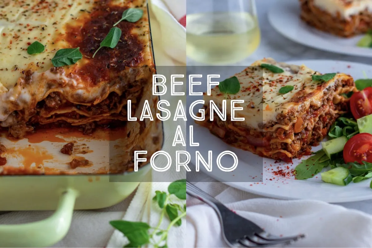 A picture of a classic Italian Lasagne al forno served with fresh green salad and a glass of white wine