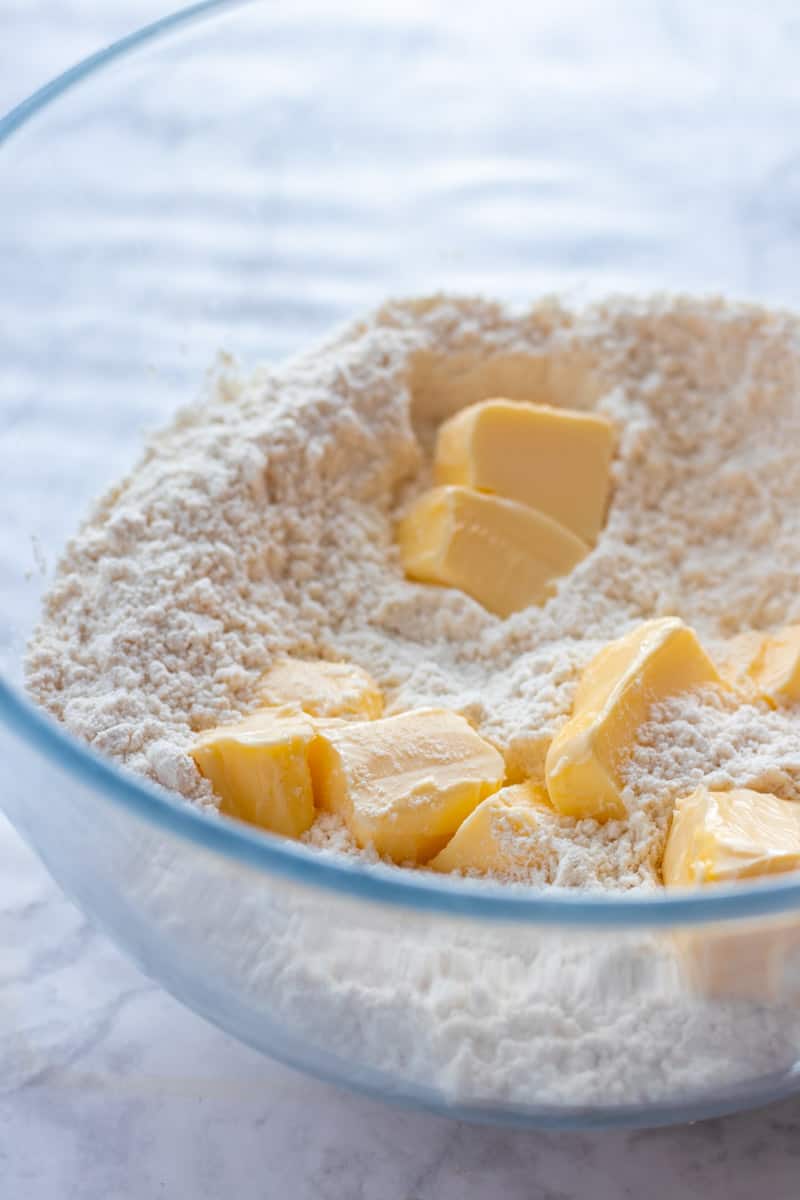 Butter and flour in a mixing bowl.