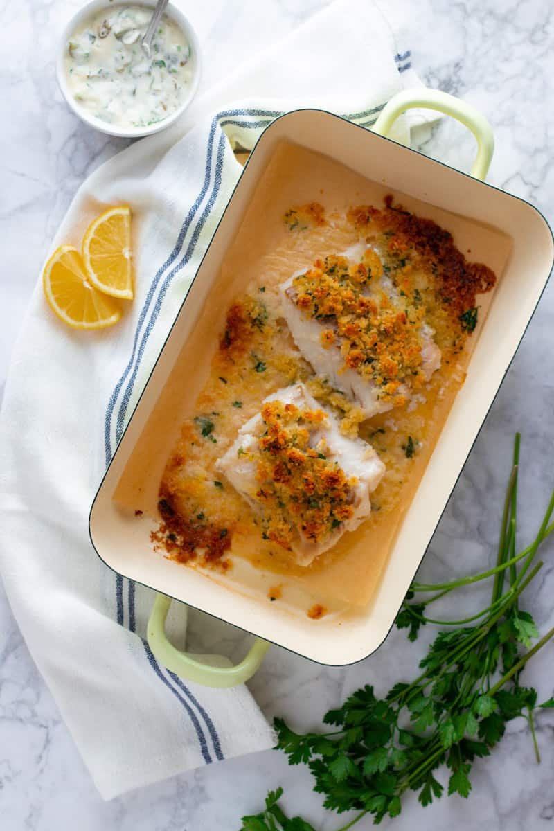 Baked Breaded Cod in a baking dish.