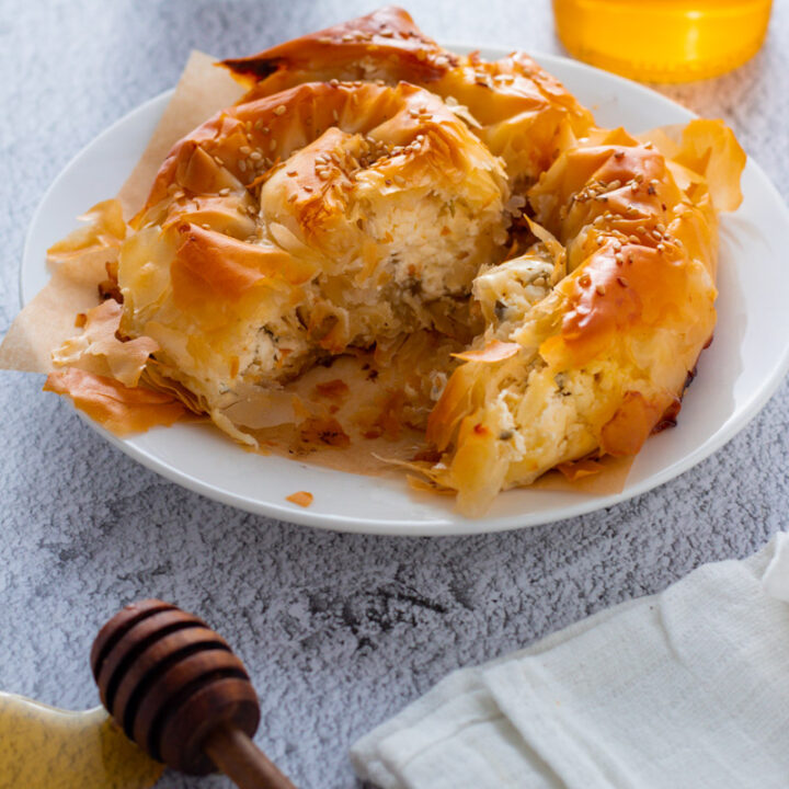 Tiropita Greek Cheese Pie with coffee and honey.