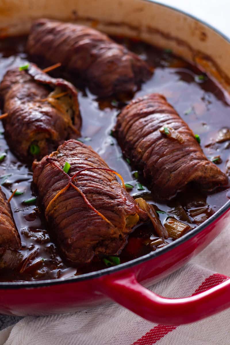 Authentic German Beef Rouladen in a saucepan.