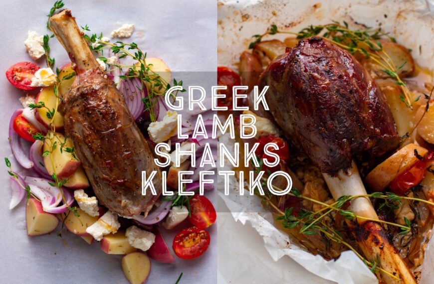 Greek Lamb Shank in parchment paper with potatoes, olives, tomatoes and onions. Title card.