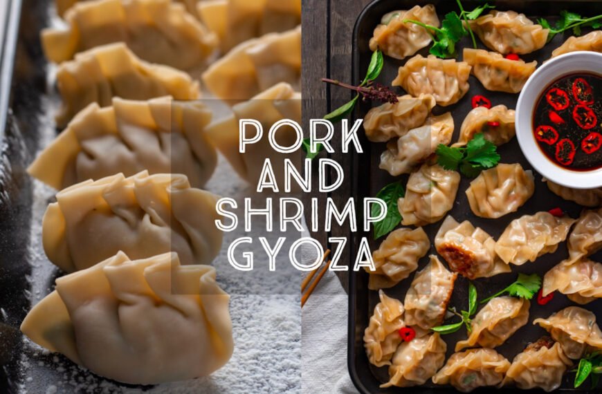 Pork and Shrimp Gyoza on a tray with spicy dipping sauce and fresh herbs. Title Card.