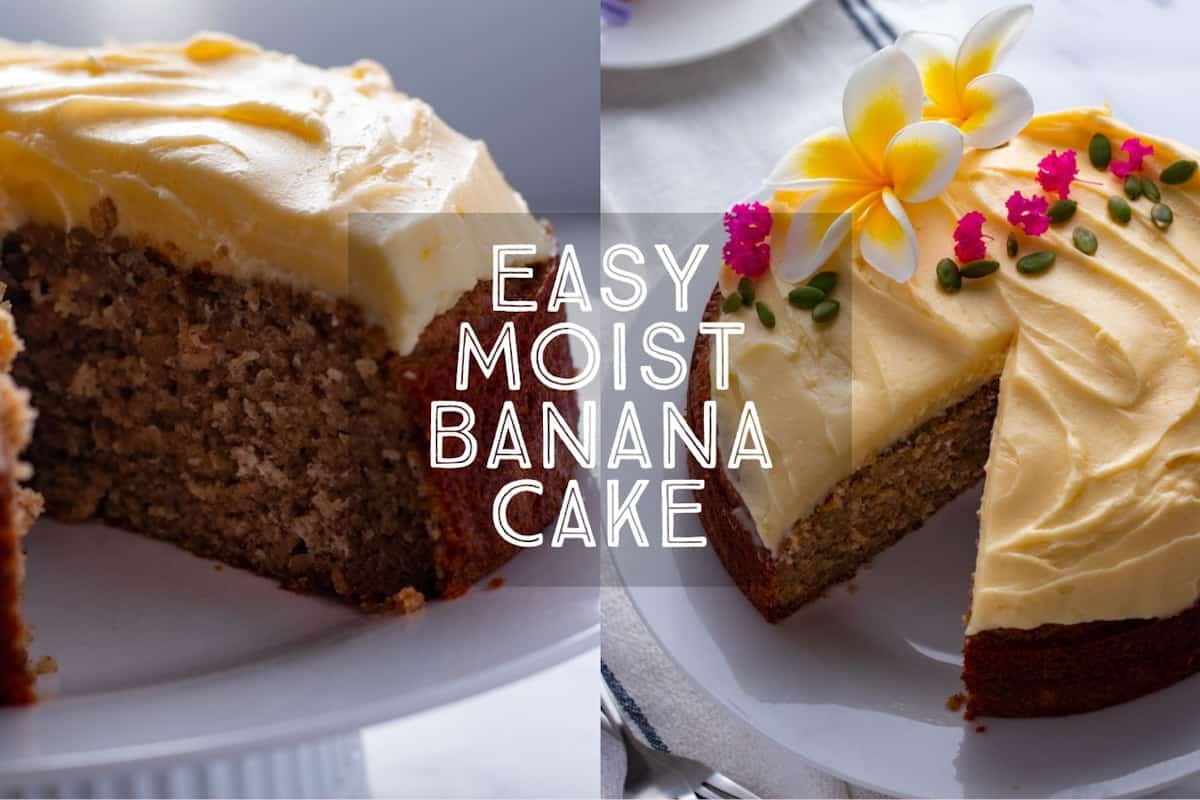 Moist banana cake recipe title card.
