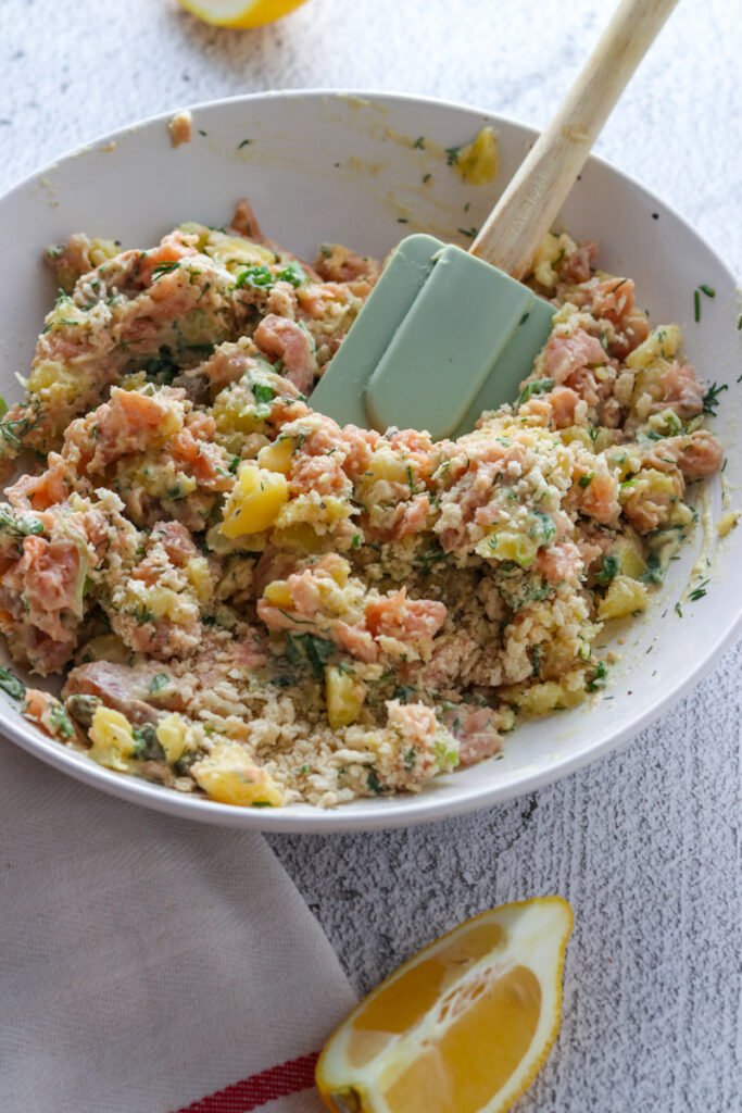Salmon cake mixture in a bowl.
