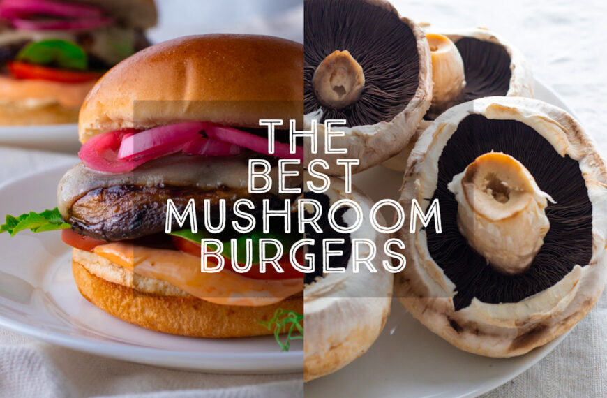 Portobello Mushroom Burgers with salad and pickled red onions on a plate.